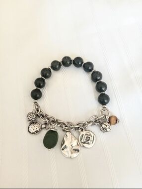 Chico's Dark Olive Beaded Charm Bracelet NWOT